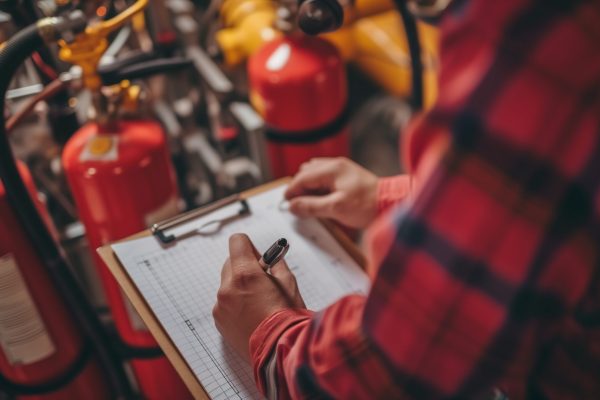 safety officer worker checking a fire extinguisher in a warehouse. Industrial Fire System control check by Professional Engineer write on clipboard